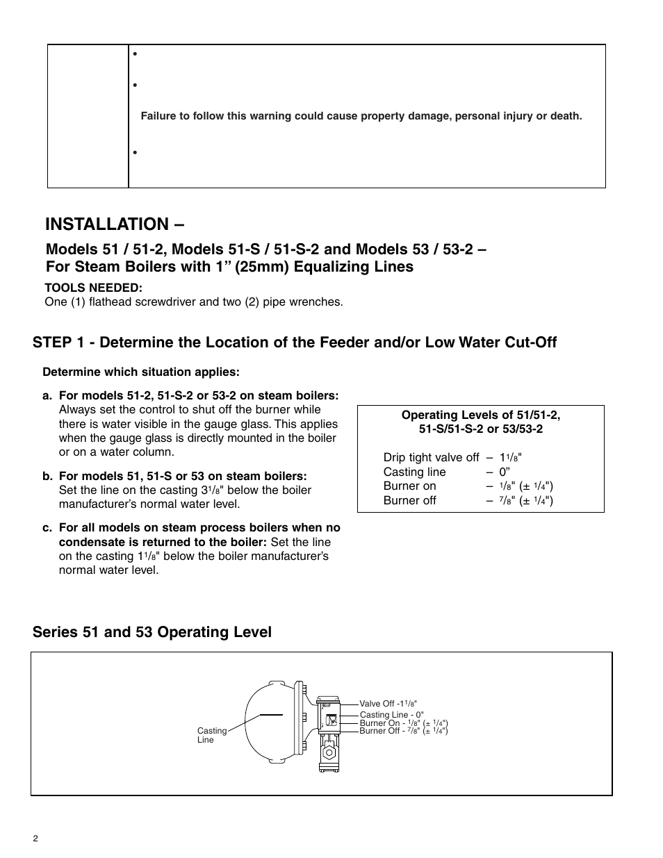Installation, Series 51 and 53 operating level | Xylem MM 315E Models 51, 51S and 53 Boiler Water Feeders Models 51-2, 51-S-2 and 53-2 Feeder Cut-Off Combinations User Manual | Page 2 / 8
