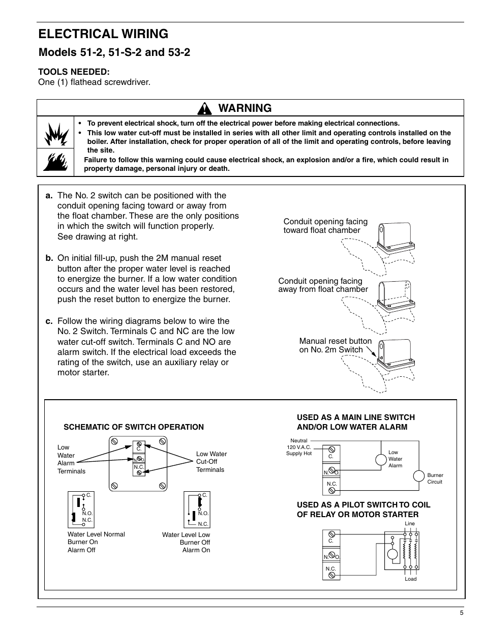 Electrical wiring, Warning, Tools needed: one (1) flathead screwdriver | Xylem MM 315E Models 51, 51S and 53 Boiler Water Feeders Models 51-2, 51-S-2 and 53-2 Feeder Cut-Off Combinations User Manual | Page 5 / 8