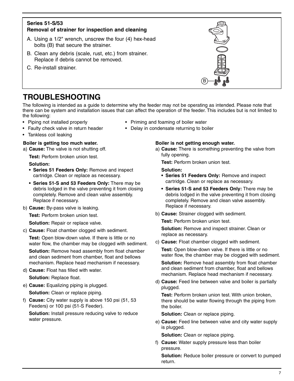 Troubleshooting | Xylem MM 315E Models 51, 51S and 53 Boiler Water Feeders Models 51-2, 51-S-2 and 53-2 Feeder Cut-Off Combinations User Manual | Page 7 / 8