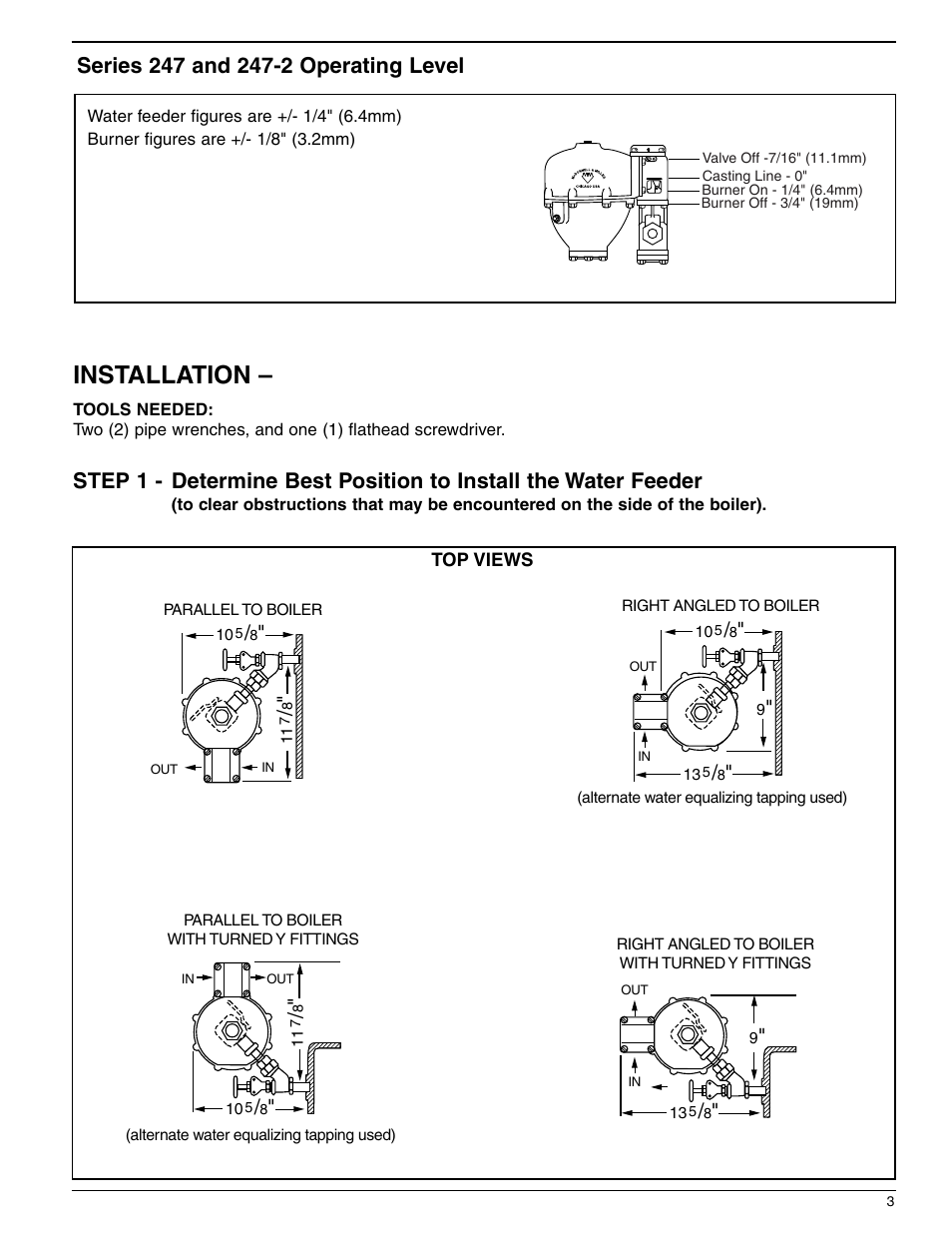 Installation, Top views | Xylem MM 316E Series 47 and 247 Mechanical Water Feeders User Manual | Page 3 / 12
