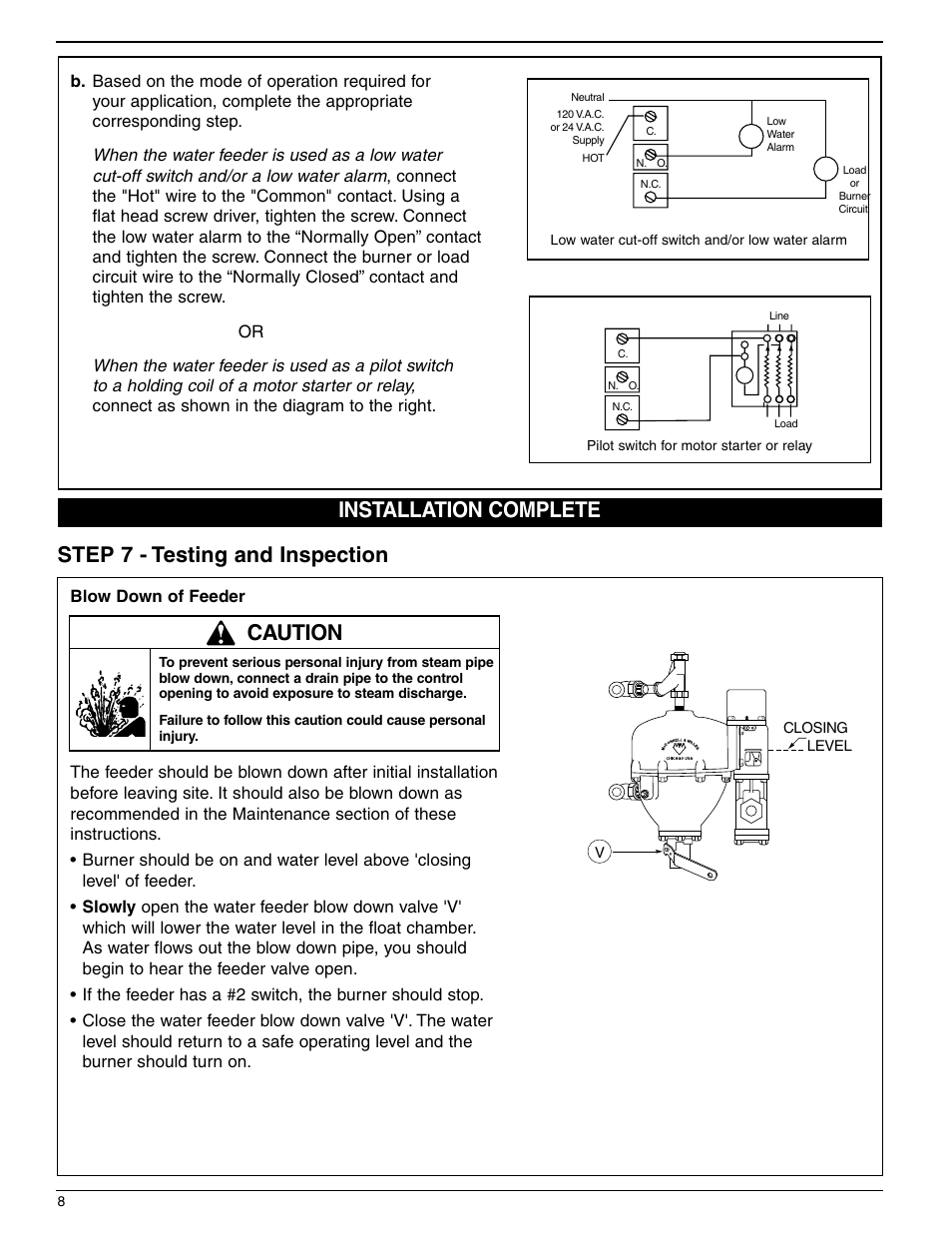 Step 7 - testing and inspection, Installation complete, Caution | Xylem MM 316E Series 47 and 247 Mechanical Water Feeders User Manual | Page 8 / 12