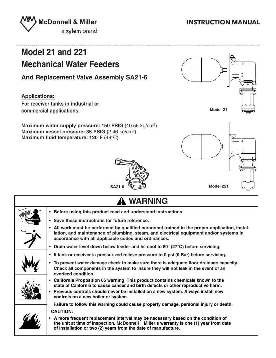 Xylem MM 317C Models 21 & 221 Mechanical Water Feeders User Manual | 4 pages