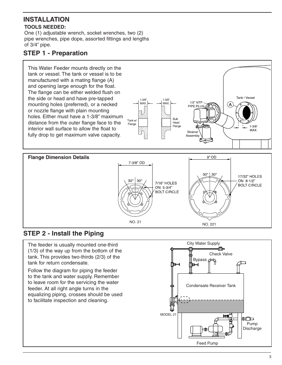 Installation, Step 1 - preparation, Step 2 - install the piping | Xylem MM 317C Models 21 & 221 Mechanical Water Feeders User Manual | Page 3 / 4
