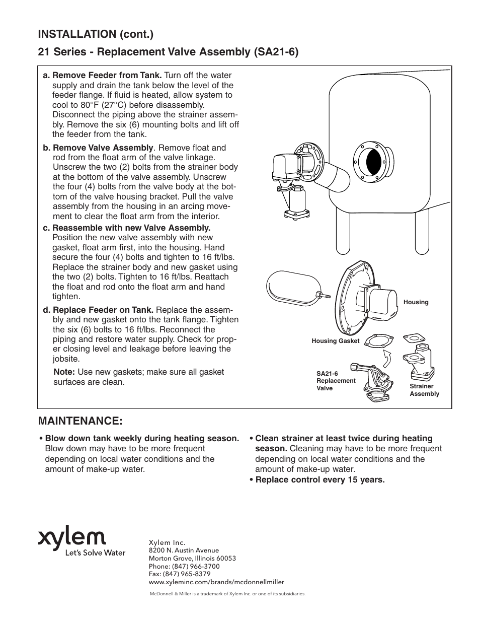 Installation (cont.), Maintenance | Xylem MM 317C Models 21 & 221 Mechanical Water Feeders User Manual | Page 4 / 4