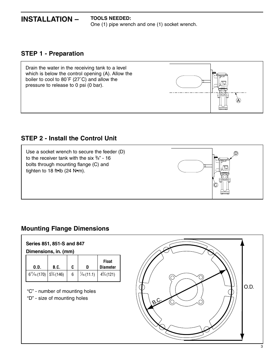 Installation, Step 1 - preparation | Xylem MM 320C Series 851, 851 2 and 847 Make-up Water Feeders User Manual | Page 3 / 4