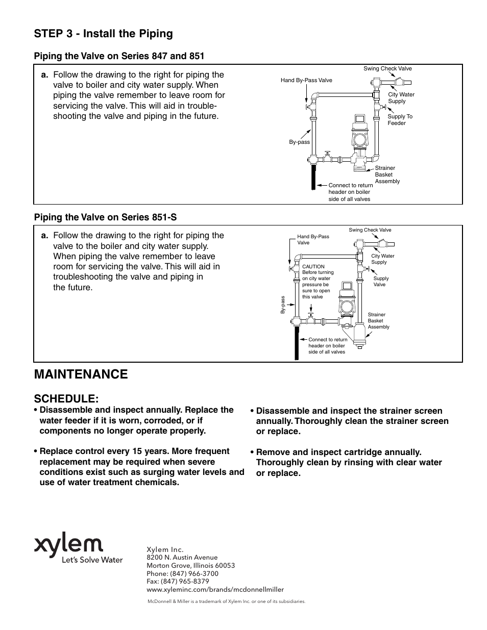 Maintenance, Schedule, Step 3 - install the piping | Xylem MM 320C Series 851, 851 2 and 847 Make-up Water Feeders User Manual | Page 4 / 4