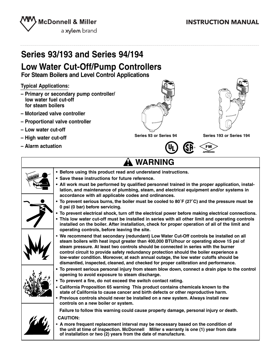 Xylem MM 404J Series 93/193 and Series 94/194 Low Water Cut-Off/Pump Controllers For Steam Boilers and Level Control Applications User Manual | 12 pages
