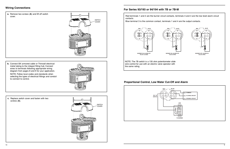 Wiring connections, Proportional control, low water cut-off and alarm | Xylem MM 404J Series 93/193 and Series 94/194 Low Water Cut-Off/Pump Controllers For Steam Boilers and Level Control Applications User Manual | Page 10 / 12