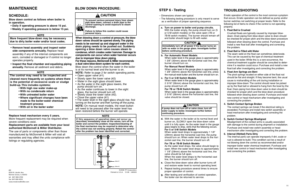 Maintenance, Schedule, Blow down procedure | Caution, Step 6 - testing, Troubleshooting | Xylem MM 404J Series 93/193 and Series 94/194 Low Water Cut-Off/Pump Controllers For Steam Boilers and Level Control Applications User Manual | Page 11 / 12
