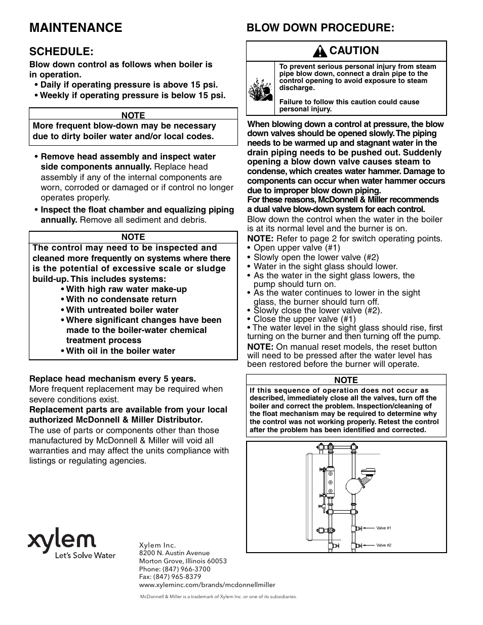 Maintenance, Schedule, Blow down procedure | Caution, Step 6 - testing, Troubleshooting | Xylem MM 404J Series 93/193 and Series 94/194 Low Water Cut-Off/Pump Controllers For Steam Boilers and Level Control Applications User Manual | Page 12 / 12