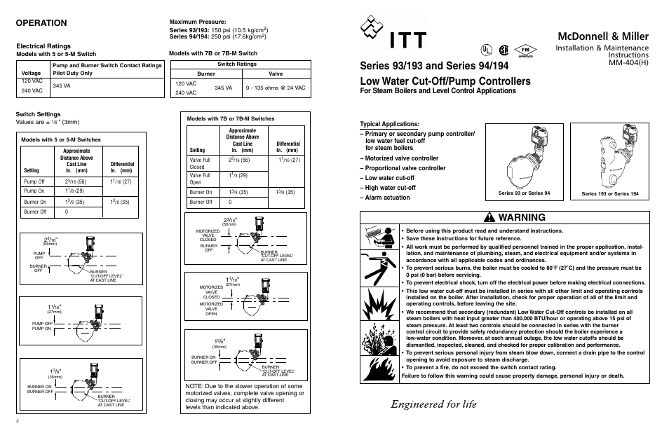 Mcdonnell & miller, Warning, Operation | For steam boilers and level control applications, Installation & maintenance instructions mm-404(h), Electrical ratings | Xylem MM 404J Series 93/193 and Series 94/194 Low Water Cut-Off/Pump Controllers For Steam Boilers and Level Control Applications User Manual | Page 2 / 12