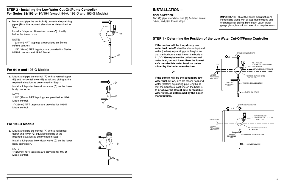 Installation, For 193-d models | Xylem MM 404J Series 93/193 and Series 94/194 Low Water Cut-Off/Pump Controllers For Steam Boilers and Level Control Applications User Manual | Page 3 / 12