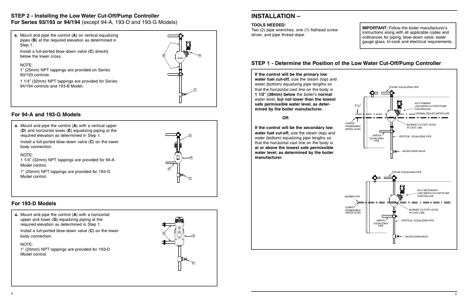 Installation, For 193-d models | Xylem MM 404J Series 93/193 and Series 94/194 Low Water Cut-Off/Pump Controllers For Steam Boilers and Level Control Applications User Manual | Page 4 / 12