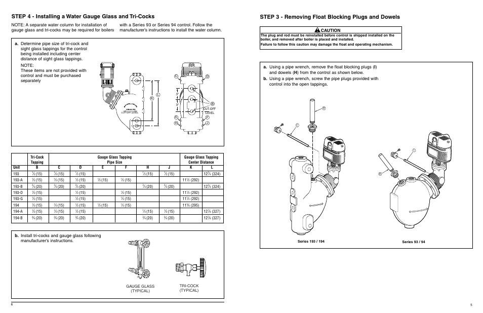 Step 3 - removing float blocking plugs and dowels, Caution | Xylem MM 404J Series 93/193 and Series 94/194 Low Water Cut-Off/Pump Controllers For Steam Boilers and Level Control Applications User Manual | Page 5 / 12