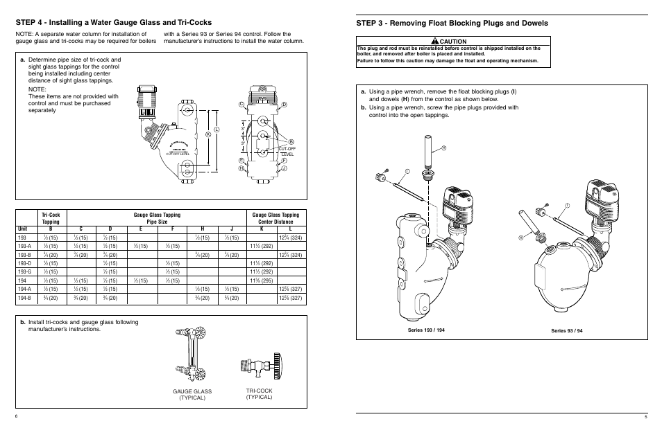 Step 3 - removing float blocking plugs and dowels, Caution | Xylem MM 404J Series 93/193 and Series 94/194 Low Water Cut-Off/Pump Controllers For Steam Boilers and Level Control Applications User Manual | Page 6 / 12