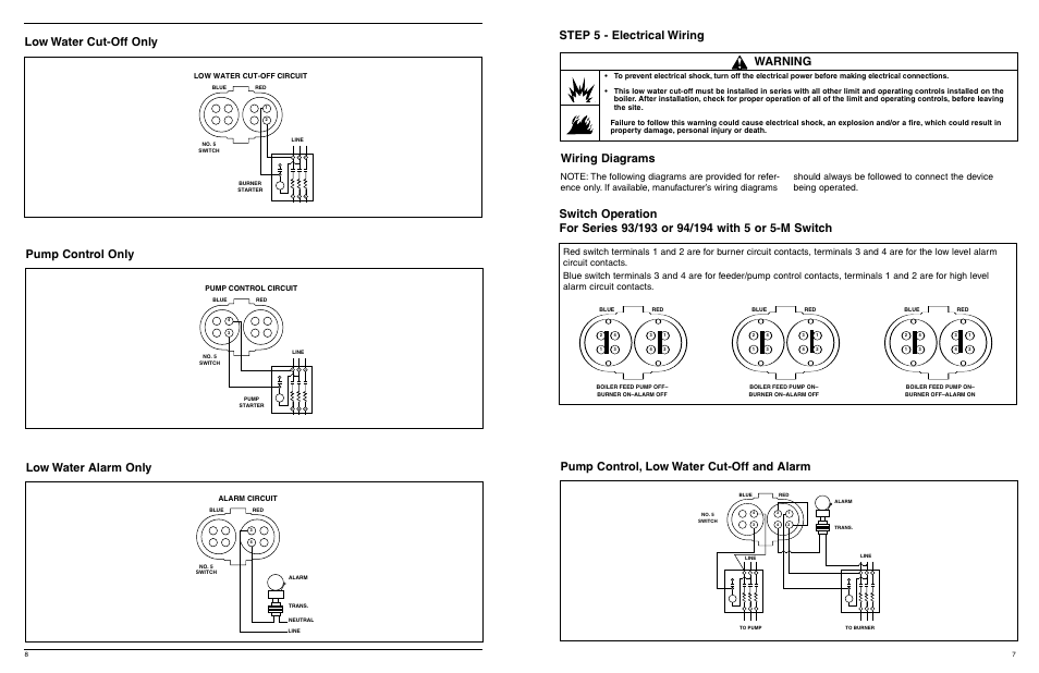 Low water cut-off only, Pump control only, Low water alarm only | Step 5 - electrical wiring, Warning, Pump control, low water cut-off and alarm | Xylem MM 404J Series 93/193 and Series 94/194 Low Water Cut-Off/Pump Controllers For Steam Boilers and Level Control Applications User Manual | Page 7 / 12
