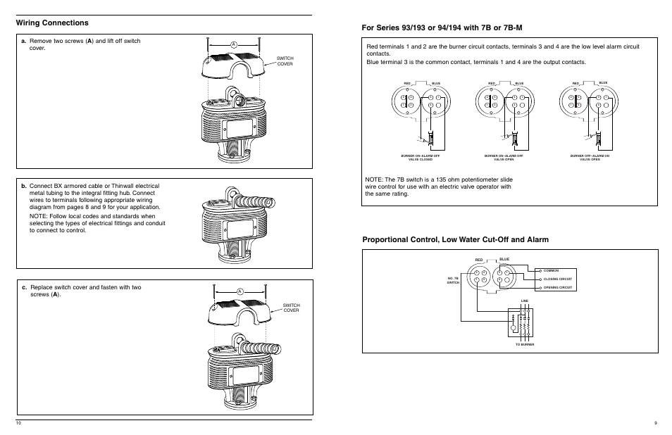 Wiring connections, Proportional control, low water cut-off and alarm | Xylem MM 404J Series 93/193 and Series 94/194 Low Water Cut-Off/Pump Controllers For Steam Boilers and Level Control Applications User Manual | Page 9 / 12