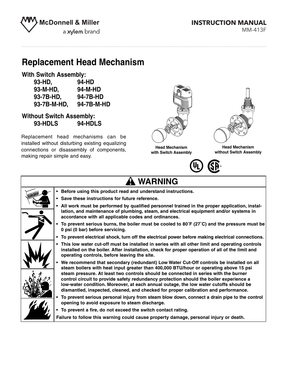 Xylem MM 413F Replacement Head Mechanism With Switch Assembly: 93-HD, 93-M-HD, 93-7B-HD, 93-7B-M-HD, 94-HD 94-M-HD 94-7B-HD 94-7B-M-HD User Manual | 8 pages