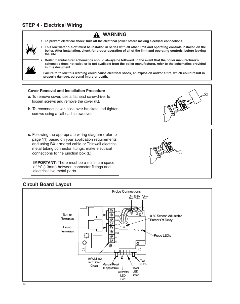 Step 4 - electrical wiring, Warning, Circuit board layout | Probe connections, 60 second adjustable burner off delay, Burner terminals pump terminals, Probe led's | Xylem MM 415C Replacement Head Mechanism 150E HD User Manual | Page 10 / 16