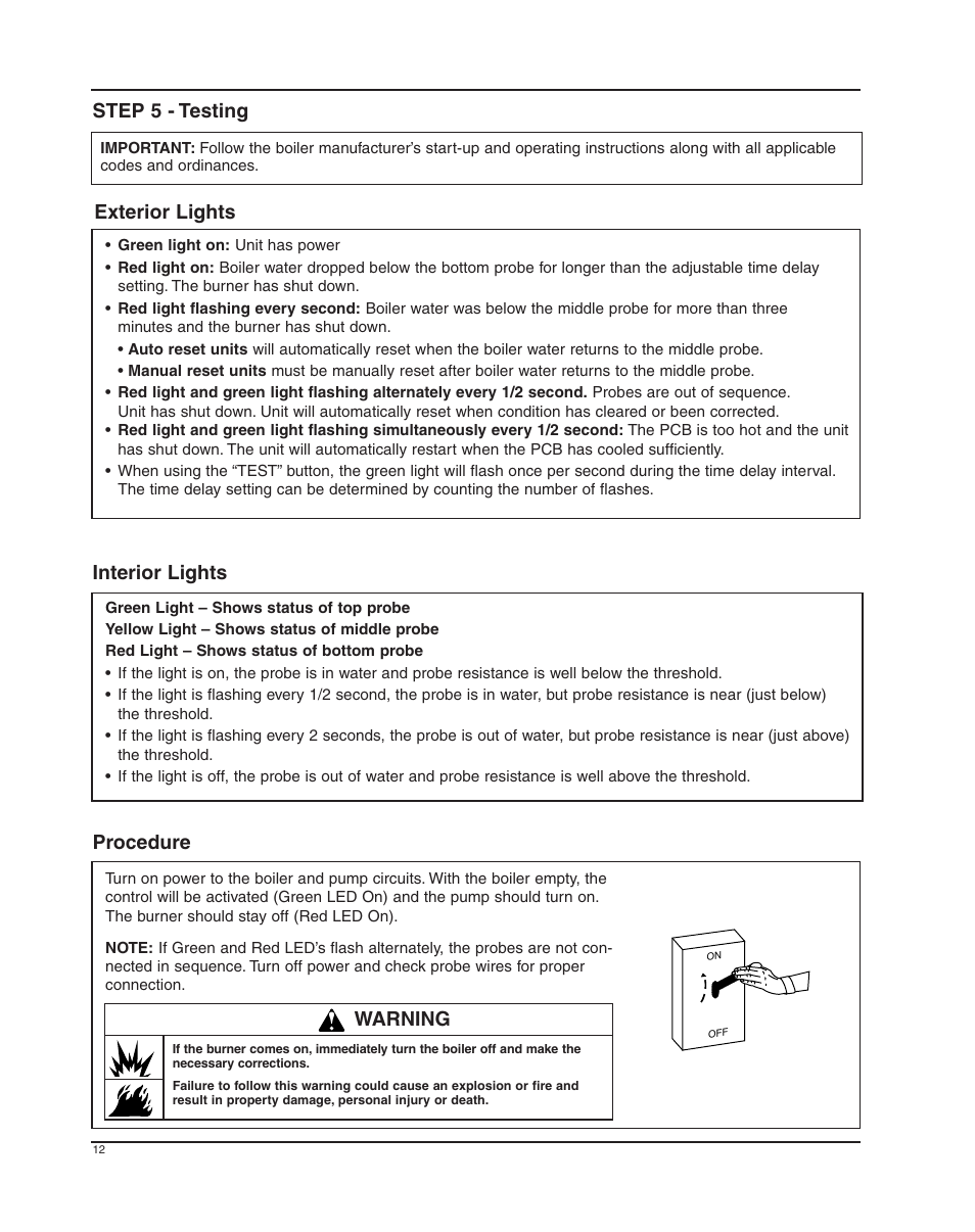Step 5 - testing procedure, Warning exterior lights interior lights | Xylem MM 415C Replacement Head Mechanism 150E HD User Manual | Page 12 / 16