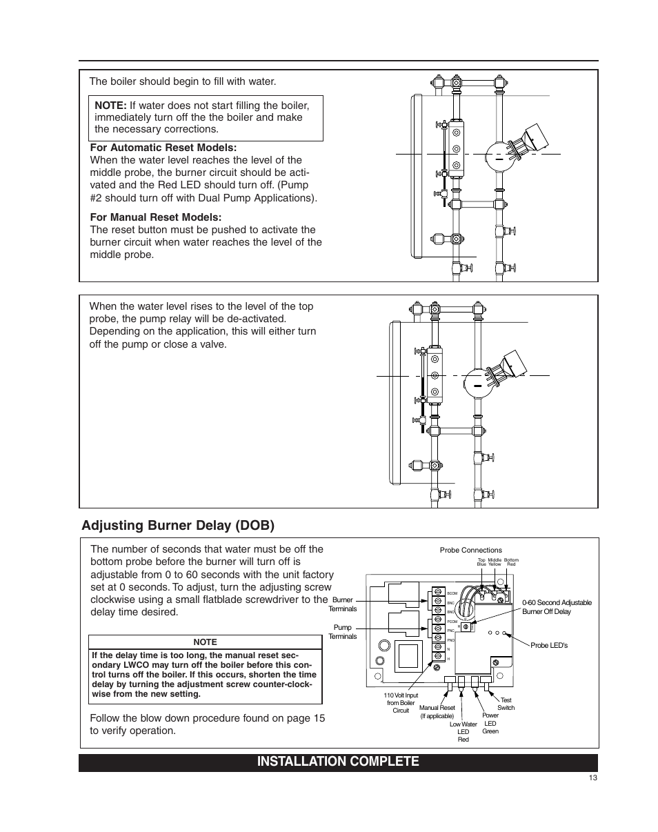 Adjusting burner delay (dob), Installation complete | Xylem MM 415C Replacement Head Mechanism 150E HD User Manual | Page 13 / 16