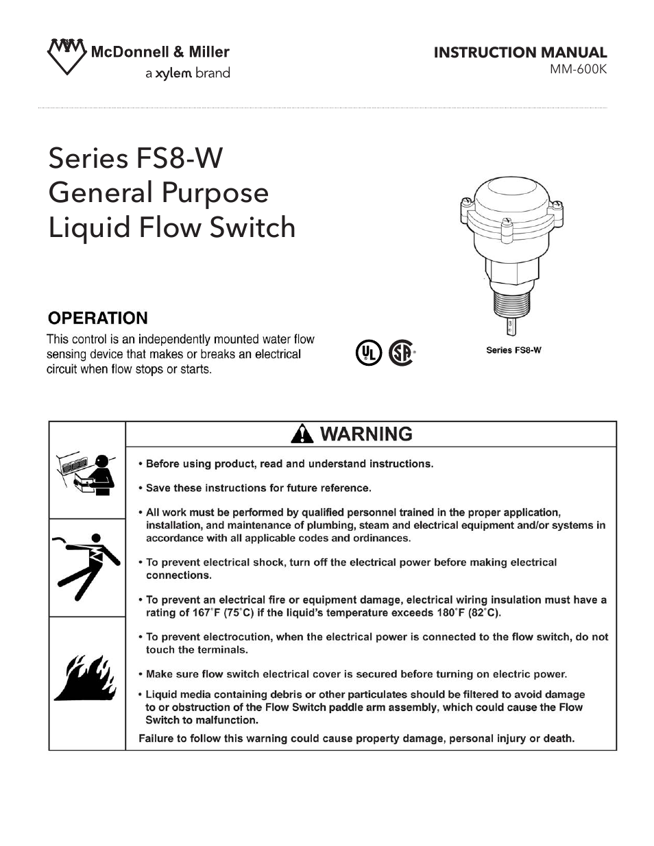 Xylem MM 600K Series FS8-W General Purpose Liquid Flow Switch User Manual | 8 pages