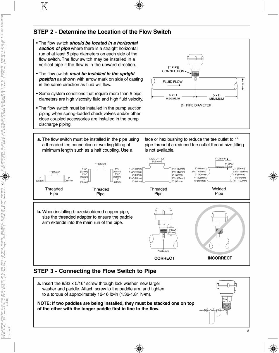 Xylem MM 600K Series FS8-W General Purpose Liquid Flow Switch User Manual | Page 5 / 8