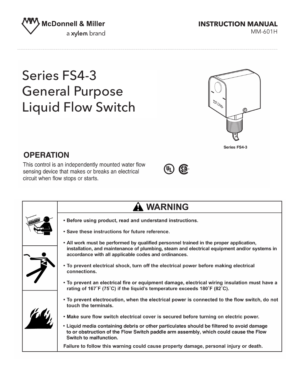 Xylem MM 601H Series FS4-3 General Purpose Liquid Flow Switch User Manual | 8 pages