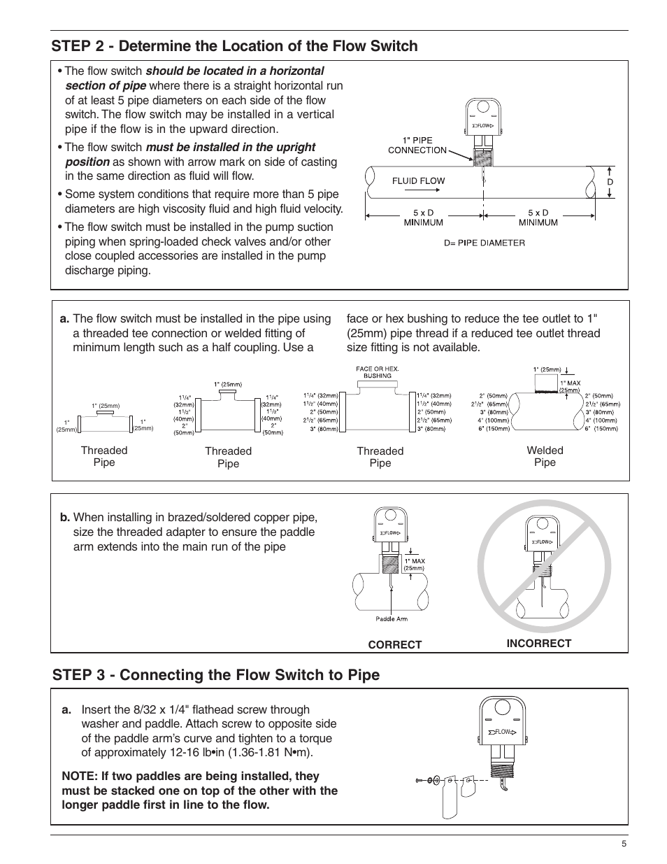 Step 2 - determine the location of the flow switch, Step 3 - connecting the flow switch to pipe | Xylem MM 601H Series FS4-3 General Purpose Liquid Flow Switch User Manual | Page 5 / 8