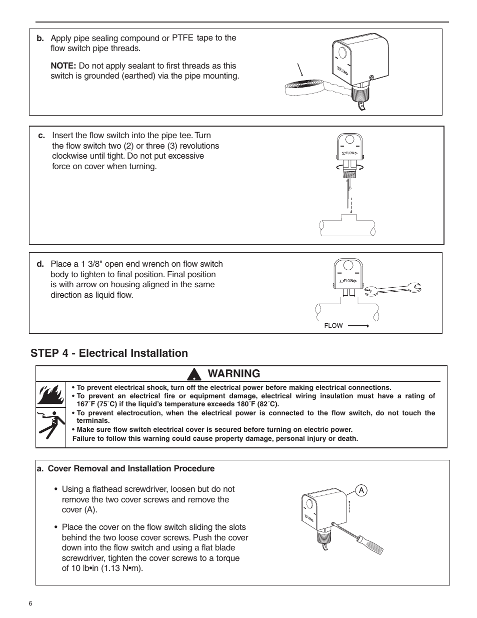 Step 4 - electrical installation, Warning | Xylem MM 601H Series FS4-3 General Purpose Liquid Flow Switch User Manual | Page 6 / 8