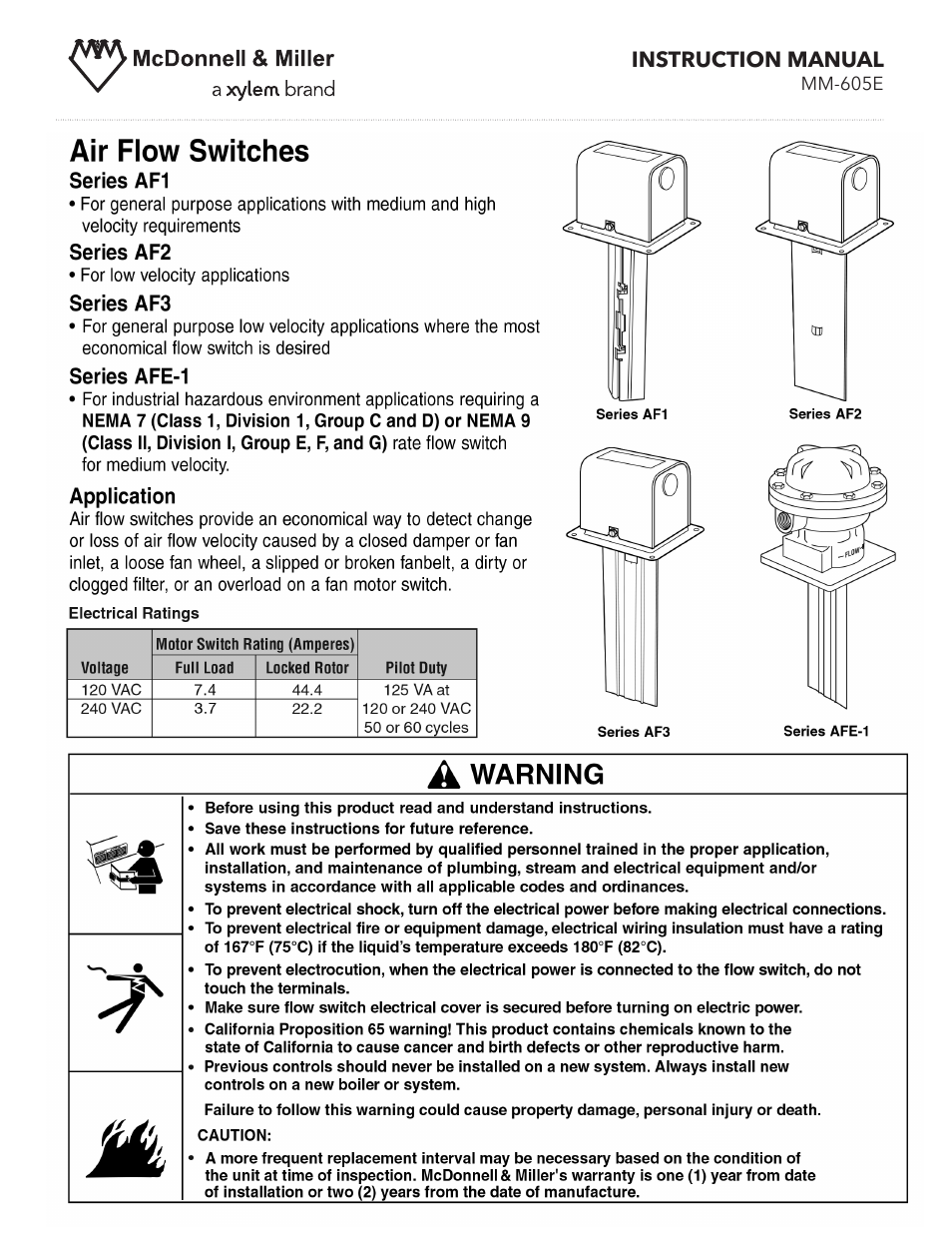 Xylem MM 605E Air Flow Switches User Manual | 4 pages