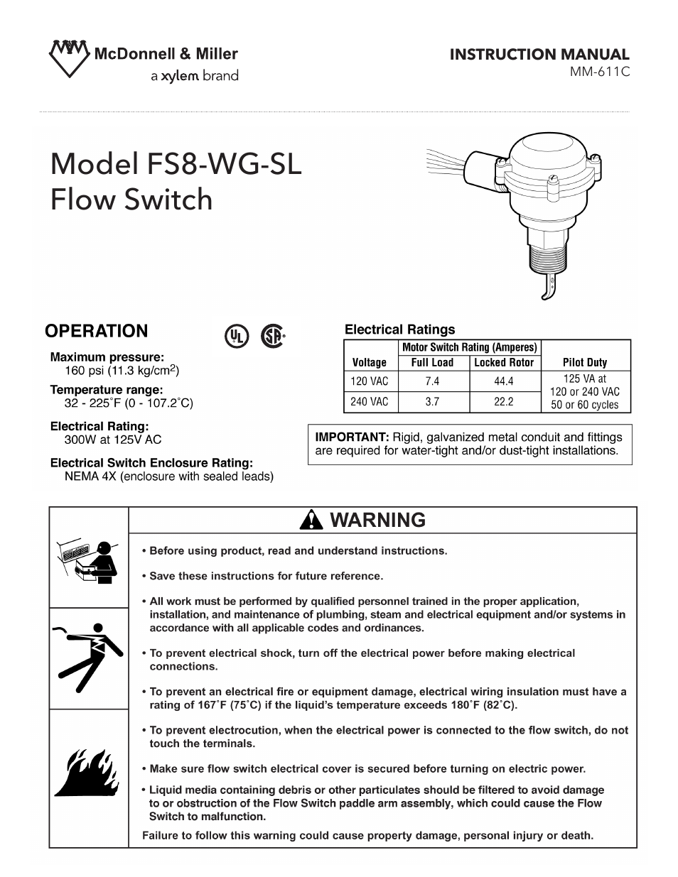 Xylem MM 611C Model FS8-WG-SL Flow Switch User Manual | 8 pages
