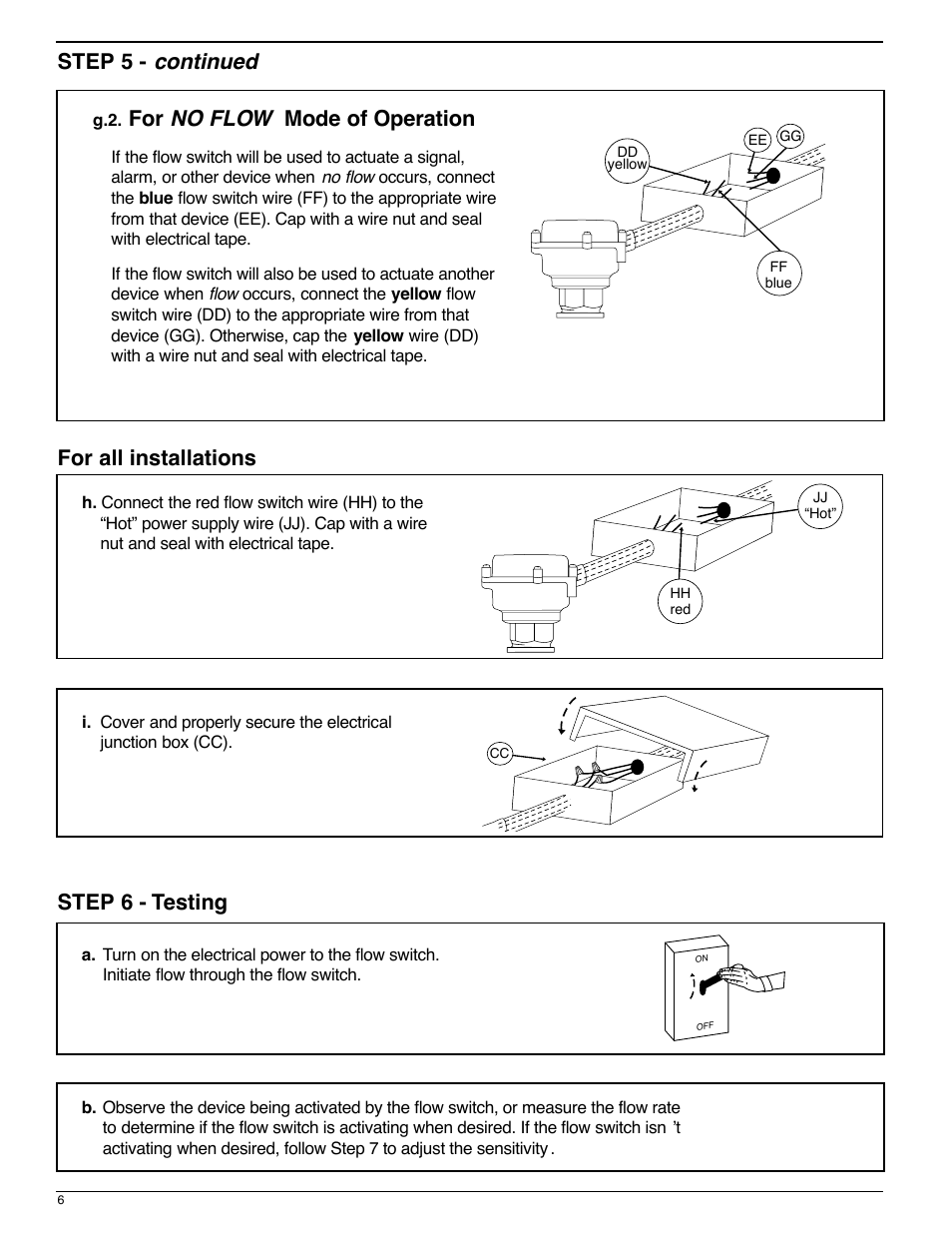 Step 6 - testing, For all installations step 5 - continued, For no flow mode of operation | Xylem MM 611C Model FS8-WG-SL Flow Switch User Manual | Page 6 / 8