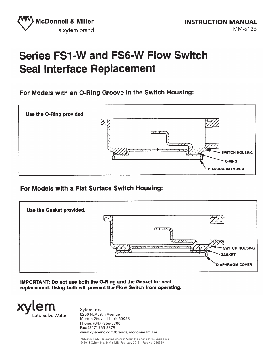 Xylem MM 612B Series FS1-W and FS6-W Flow Switch Seal Interface Replacement User Manual | 1 page