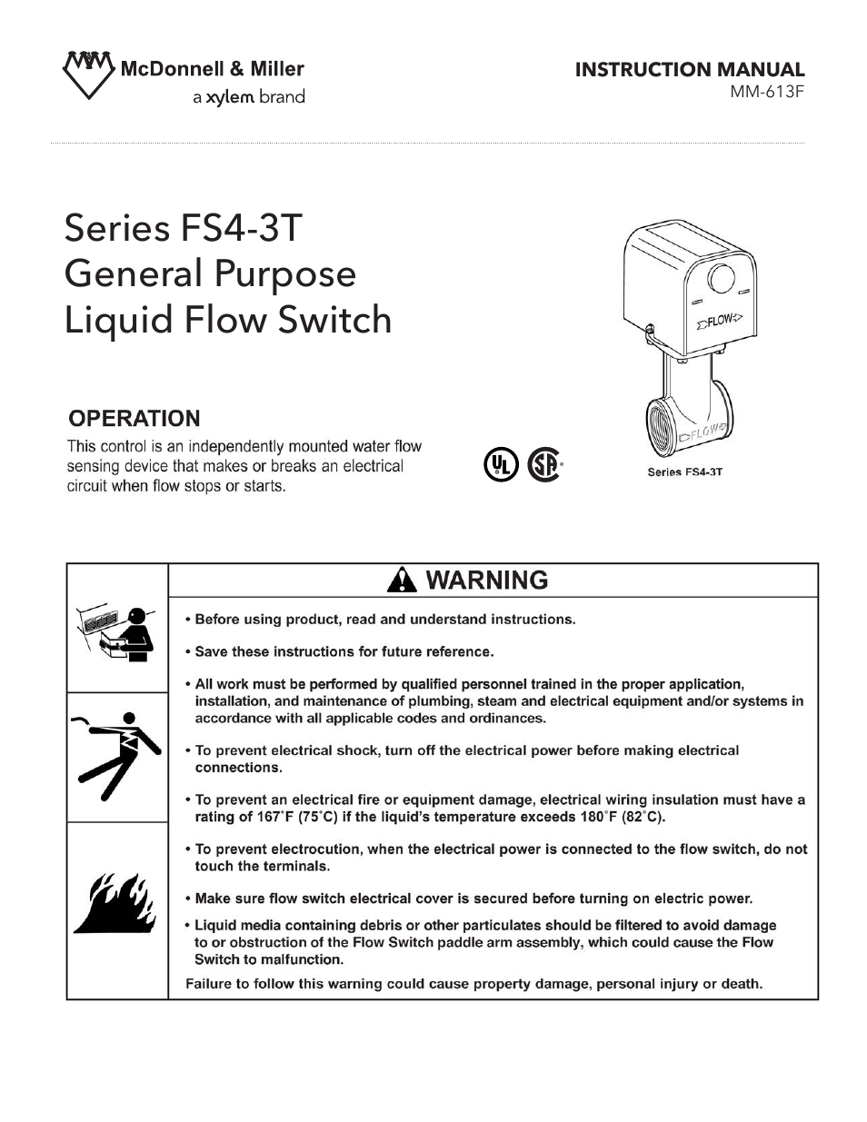 Xylem MM 613F Series FS4-3T General Purpose Liquid Flow Switch User Manual | 8 pages