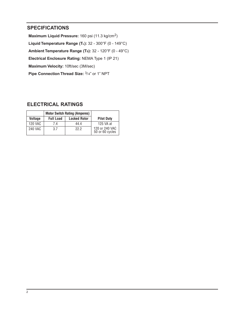 Specifications, Electrical ratings | Xylem MM 613F Series FS4-3T General Purpose Liquid Flow Switch User Manual | Page 2 / 8