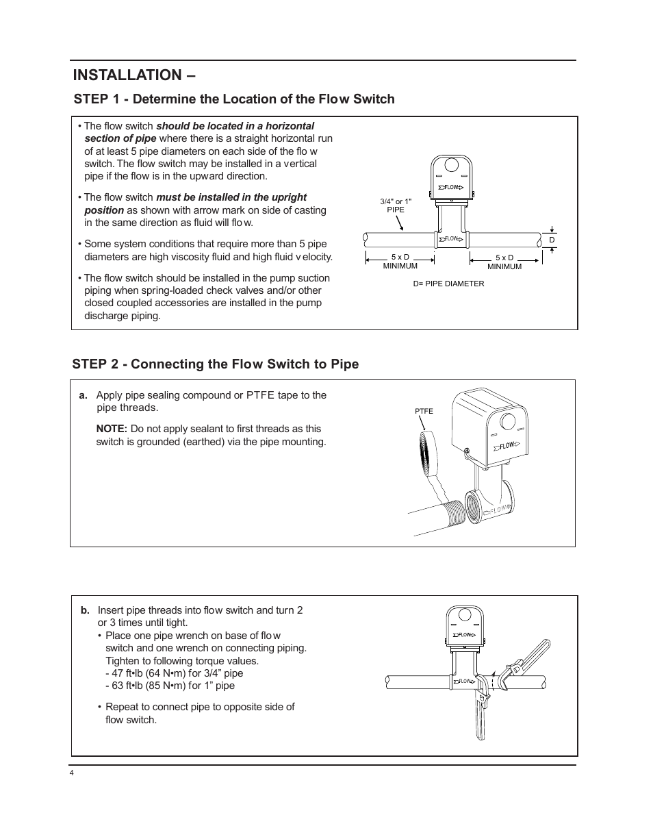 Installation, Step 1 - determine the location of the flow switch, Step 2 - connecting the flow switch to pipe | Xylem MM 613F Series FS4-3T General Purpose Liquid Flow Switch User Manual | Page 4 / 8