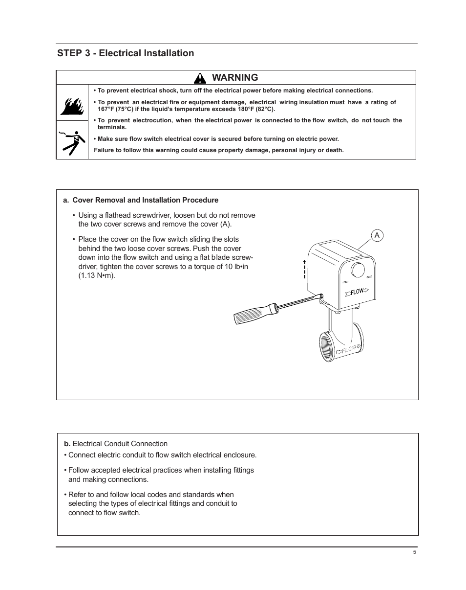 Step 3 - electrical installation, Warning | Xylem MM 613F Series FS4-3T General Purpose Liquid Flow Switch User Manual | Page 5 / 8