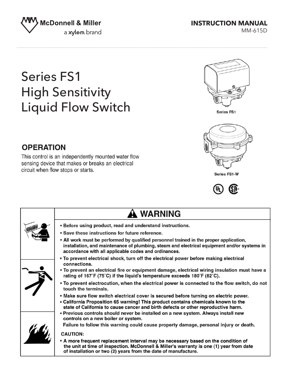 Xylem MM 615D Series FS1 High Sensitivity Liquid Flow Switch User Manual | 8 pages