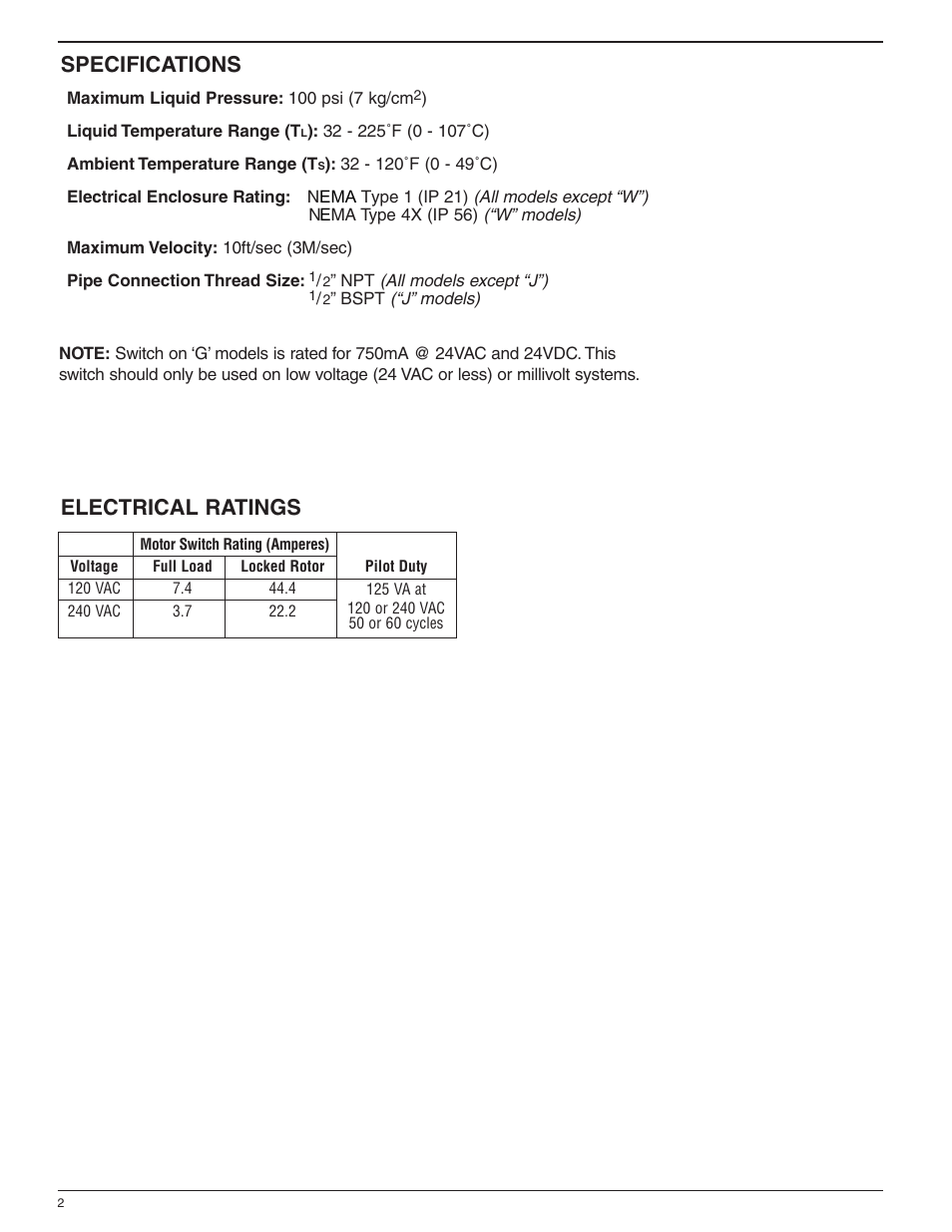 Specifications, Electrical ratings | Xylem MM 615D Series FS1 High Sensitivity Liquid Flow Switch User Manual | Page 2 / 8