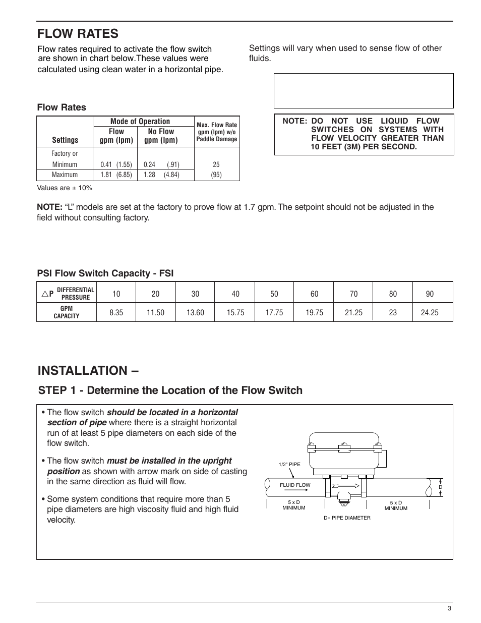 Flow rates, Installation, Step 1 - determine the location of the flow switch | Psi flow switch capacity - fsi | Xylem MM 615D Series FS1 High Sensitivity Liquid Flow Switch User Manual | Page 3 / 8