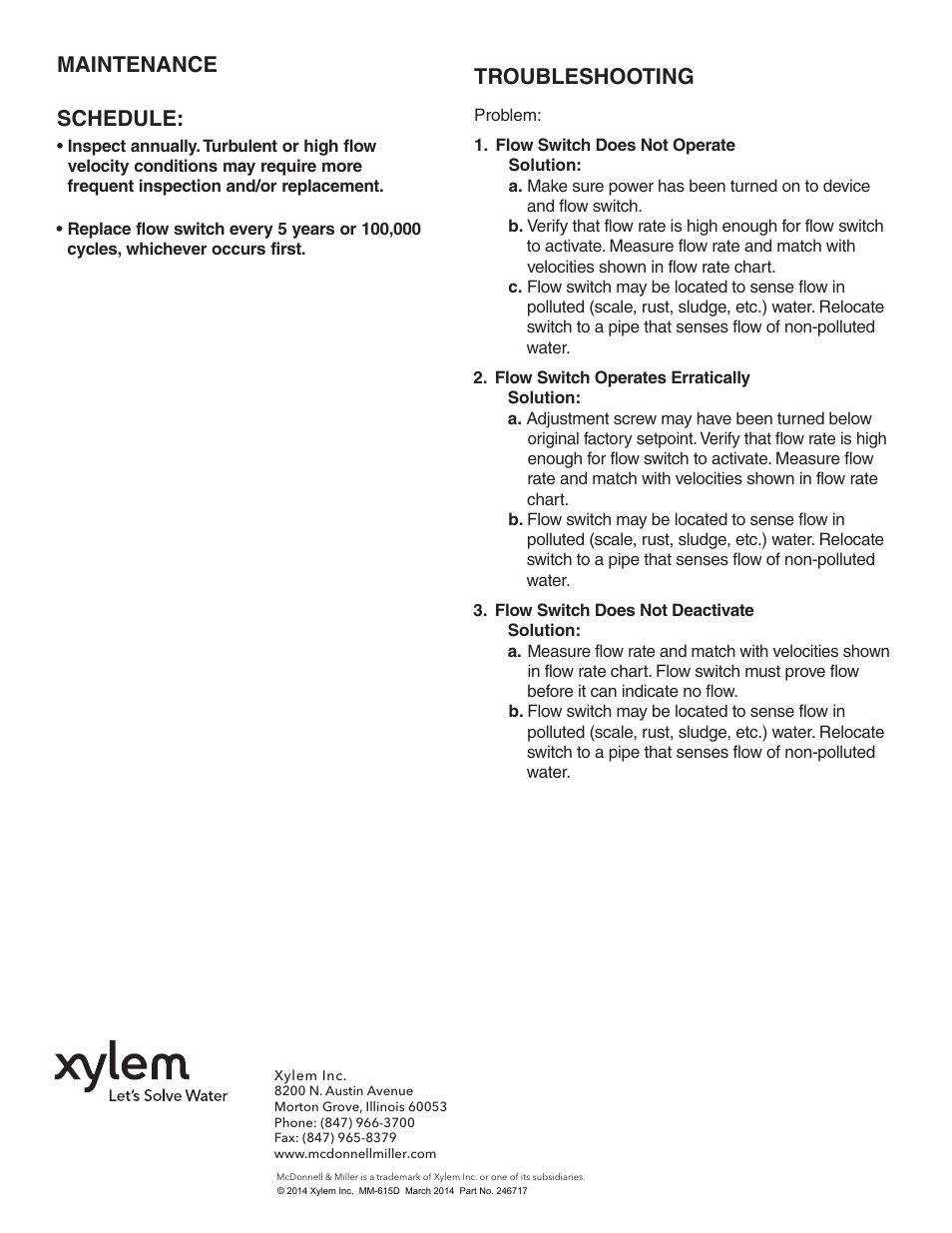 Maintenance schedule, Troubleshooting | Xylem MM 615D Series FS1 High Sensitivity Liquid Flow Switch User Manual | Page 8 / 8
