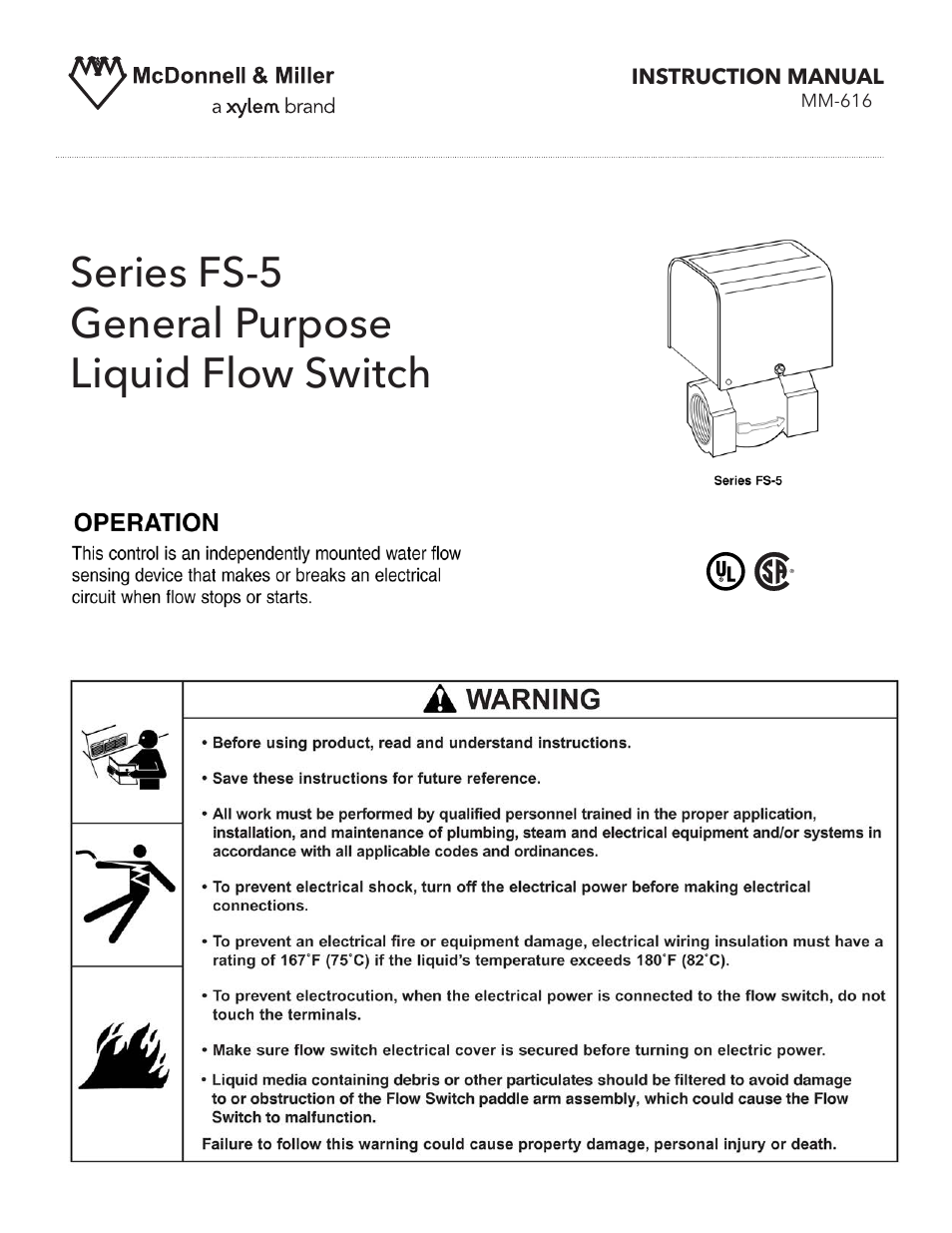 Xylem MM 616F Series FS-5 General Purpose Liquid Flow Switch User Manual | 8 pages