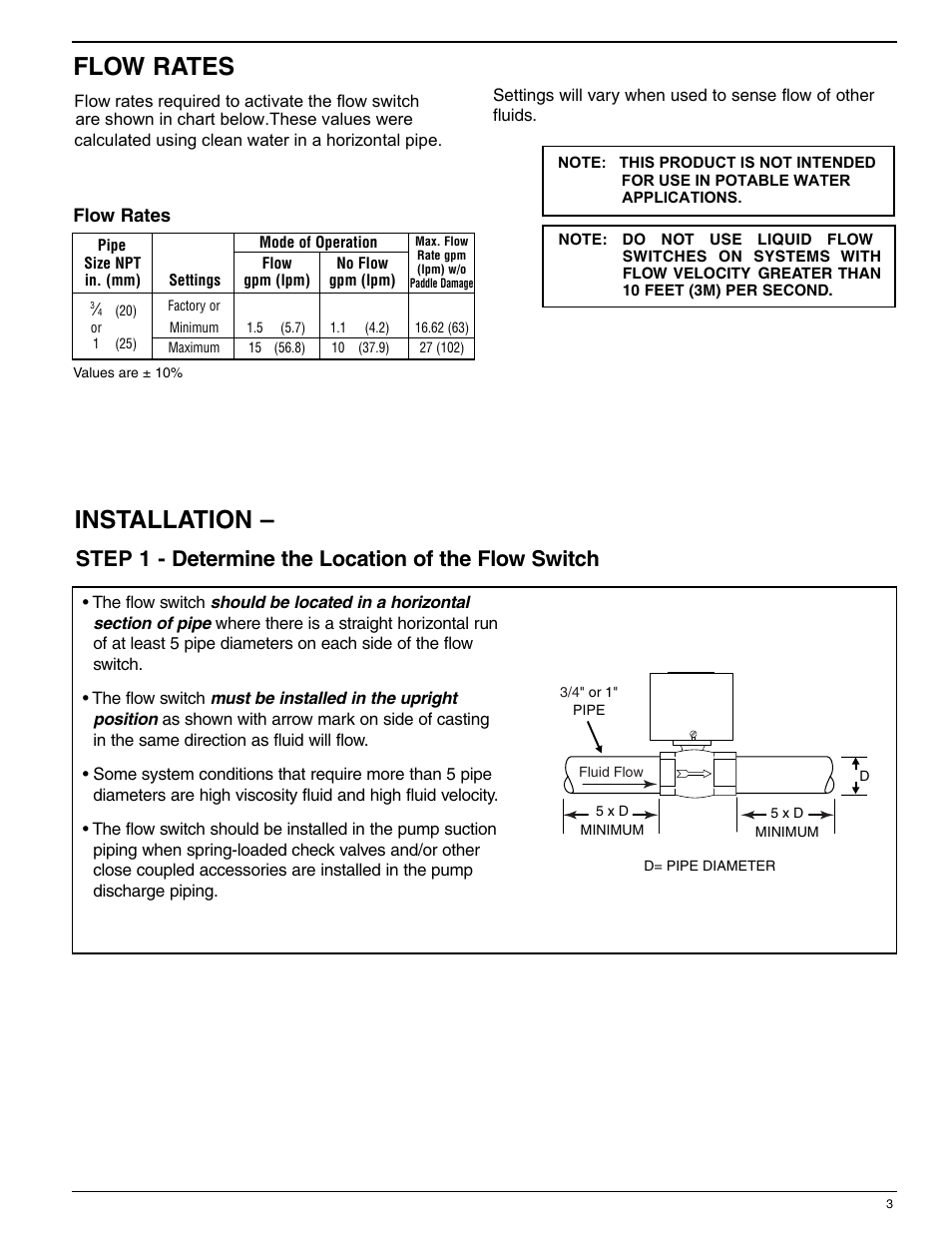 Flow rates, Installation, Step 1 - determine the location of the flow switch | Xylem MM 616F Series FS-5 General Purpose Liquid Flow Switch User Manual | Page 3 / 8