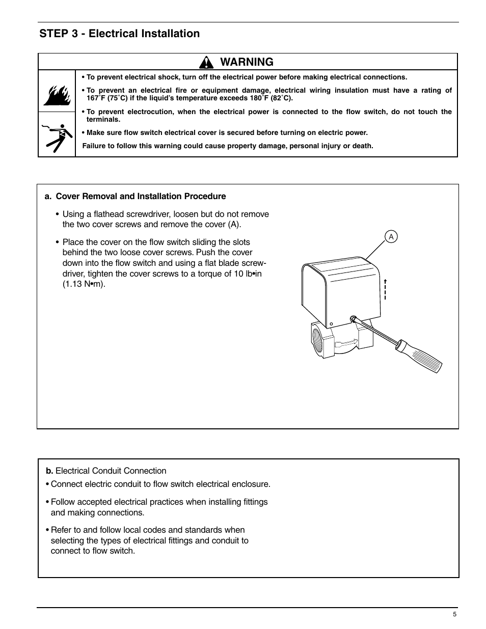 Step 3 - electrical installation, Warning | Xylem MM 616F Series FS-5 General Purpose Liquid Flow Switch User Manual | Page 5 / 8