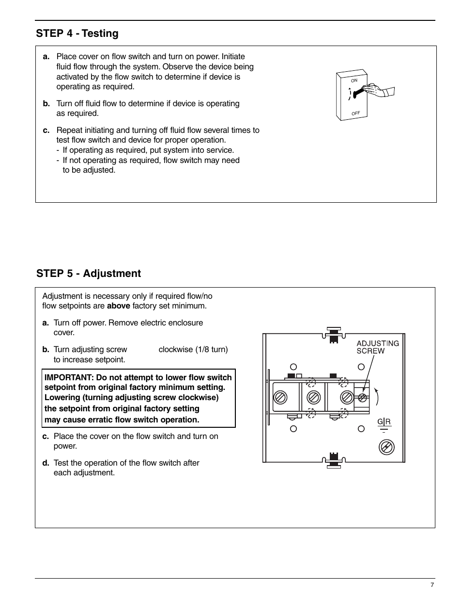 Step 4 - testing step 5 - adjustment | Xylem MM 616F Series FS-5 General Purpose Liquid Flow Switch User Manual | Page 7 / 8