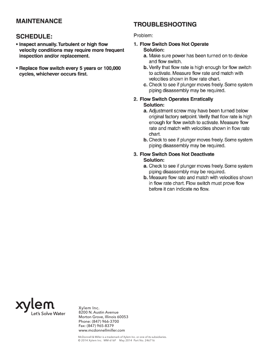 Xylem MM 616F Series FS-5 General Purpose Liquid Flow Switch User Manual | Page 8 / 8