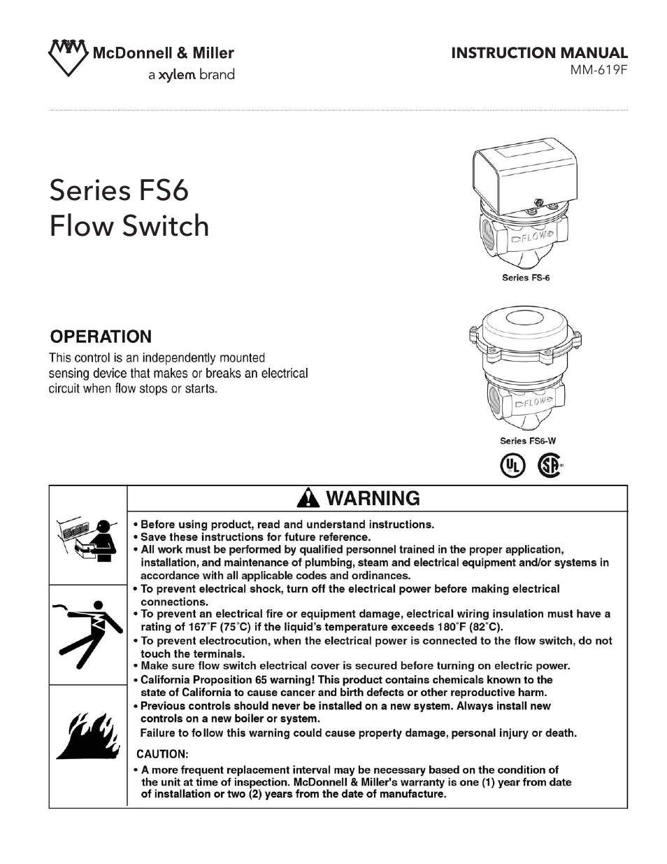 Xylem MM 619F Series FS6 Flow Switch User Manual | 8 pages