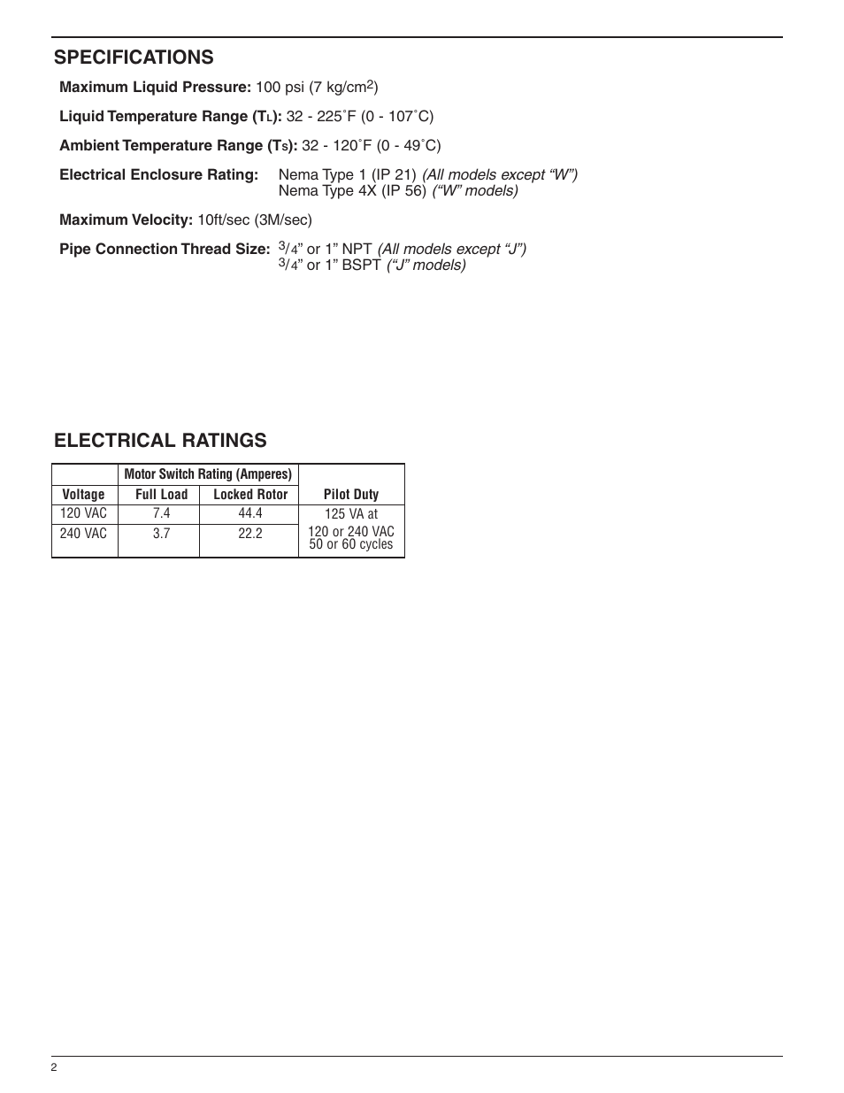 Specifications, Electrical ratings | Xylem MM 619F Series FS6 Flow Switch User Manual | Page 2 / 8
