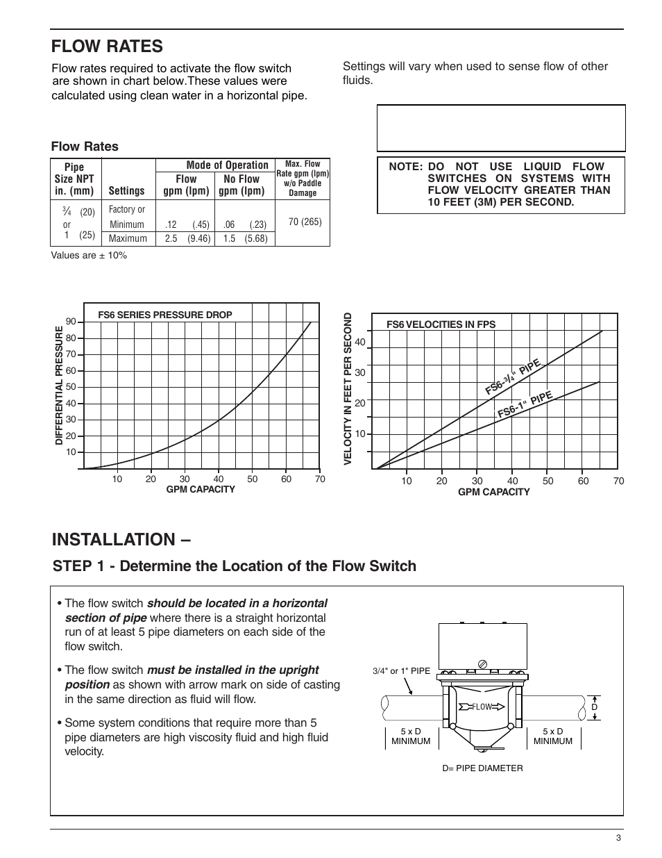 Flow rates, Installation, Step 1 - determine the location of the flow switch | Xylem MM 619F Series FS6 Flow Switch User Manual | Page 3 / 8
